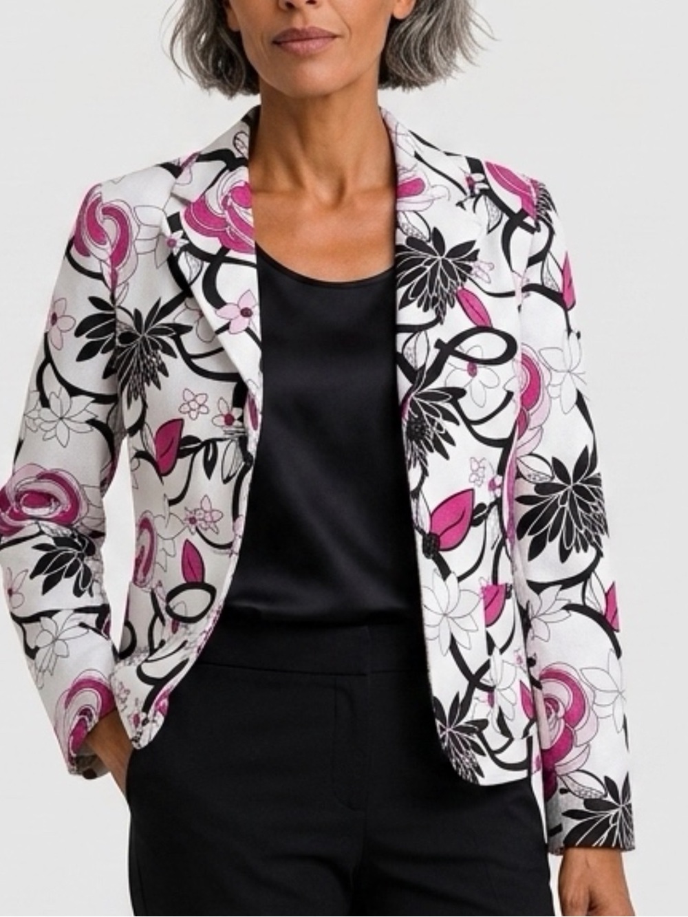 Style & Co Women's Size 10 Black & Pink Floral Button Front Jacket Lined Blazer